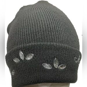 Women’s Winter Knit Hat Gray w/Clear Oval Shaped Embellishments Casual Dressy